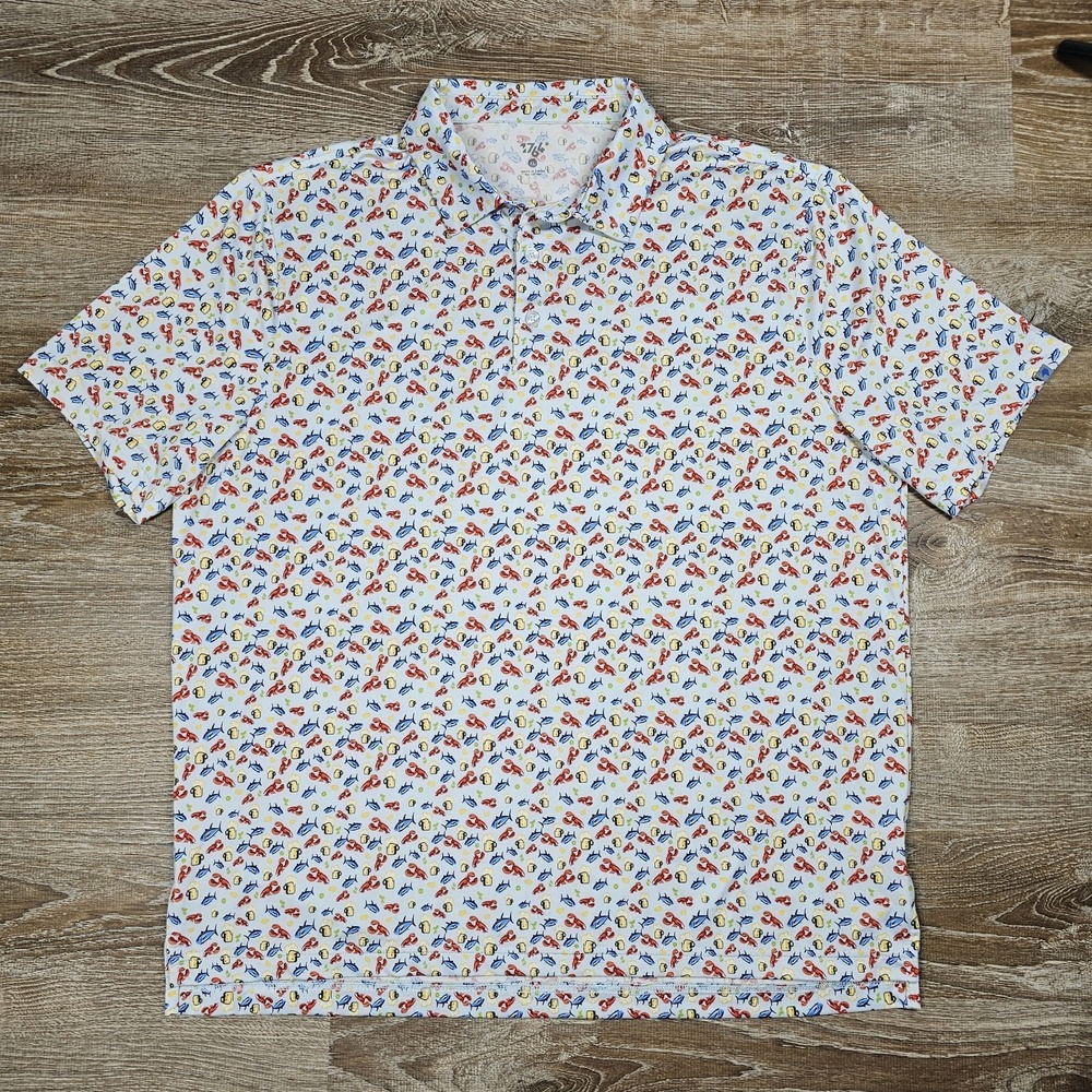 1764 Golf Polo Shirt Mens XL Beer Lobster Fish All Over Print Performance